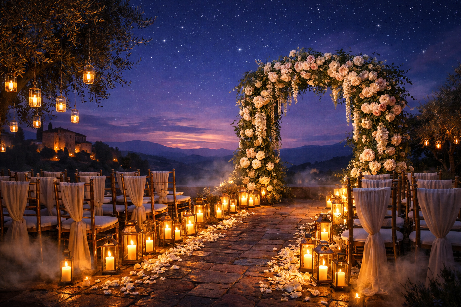 Yıldızlar altında zarif bir düğün merasimi sahnesi