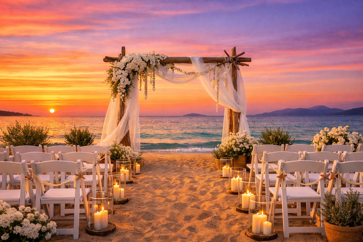 Ege kıyısında gün batımında sahil nikâh töreni