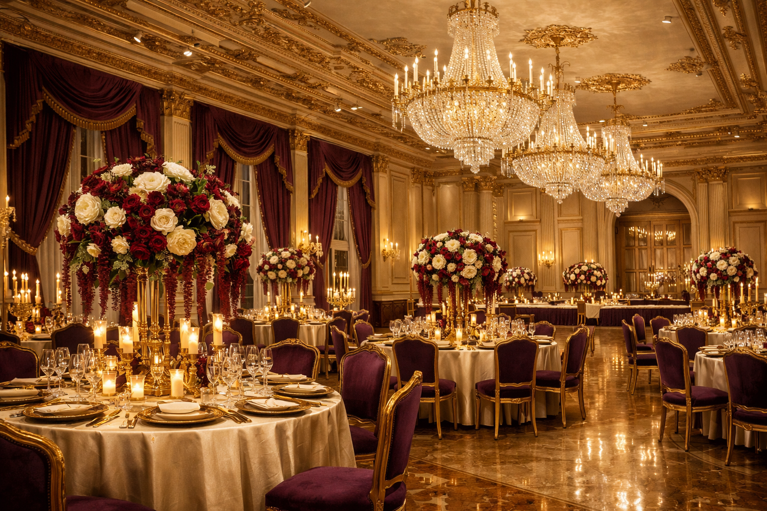 Kristal avizeler ve zarif dekorla süslenmiş balo salonu